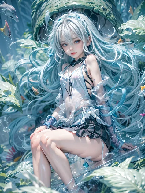 1 small curved loli,blue hair,Lie at the bottom of the sea,full bodyesbian,Surrounded by monsters,Beauty wears transparent gel coat,Small chest,Reveals a slender waist,The lines are perfect,Raised sexy,Blushlush,Alice (Nikke),Spread your legs,Hands touch ...