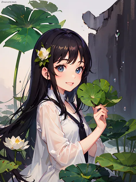 Light watercolor, drizzle, The girl holds a lotus leaf in her hand, Big eyes., Grinning, It creates a pleasant and relaxing atmosphere, The background is many large lotus leaves, Childrens illustration, Cartoon style, A bright white background, A small amo...