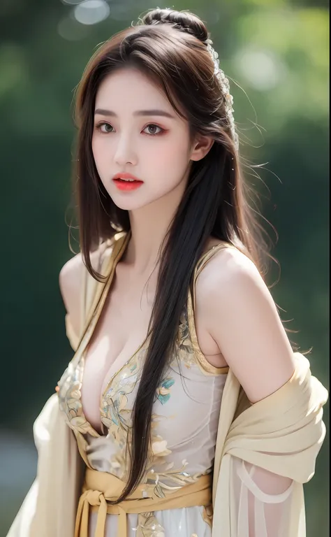 ((Best Quality, 8k, Masterpiece: 1.3)), Focus: 1.2, Perfect Body Beauty: 1.4, Buttocks: 1.2, ((Layered Haircut)), (Wet Clothes: 1.1), (Rain, Street:1.3), (Breasts: 1.2), (Hanfu: 1.2), Bare Shoulders, Bare Legs, Highly Detailed Face and Skin Texture, Fine E...