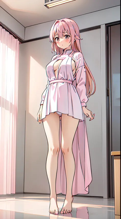 (((A girl with pink hair wears a long white dress)))，(((standing on your feet)))，(((legs are open)))(((huge tit)))，((( in class room)))，(((Take off your underwear)))，(((Shyness blush)))