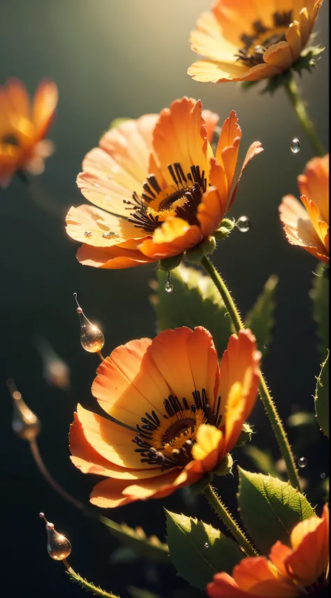 microscopic world , Masterpiece , Macro photography , cobweb, film grain, chromatic aberration, neon bokeh , smoke , highly detailed, Bright sunny weather, microflowers, drops, blur, poppy close-up