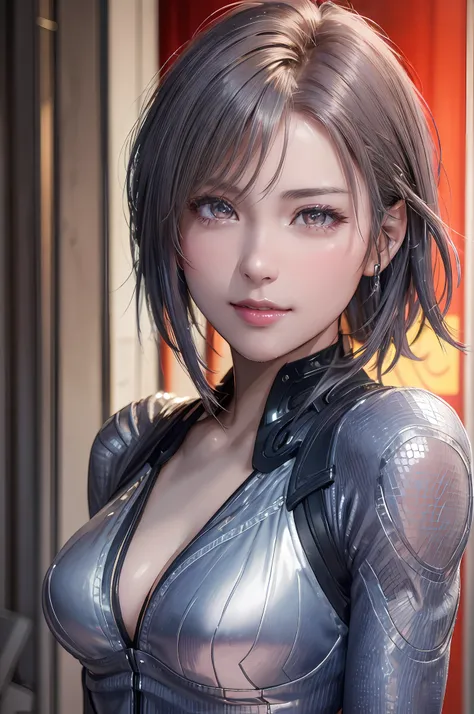 (8k, photorealistic, RAW photo, top quality: 1.4), (1girl), super beautiful, (realistic face), (boyish, silver-colored berry short hair), beautiful cyberpunk suit, glares seducing viewer, beautiful expression, beautiful breasts, (realistic skin), beautiful...