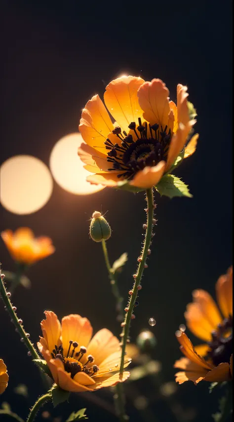 microscopic world , Masterpiece , Macro photography , cobweb, film grain, chromatic aberration, neon bokeh , smoke , highly detailed, Bright sunny weather, microflowers, drops, blur, poppy close-up