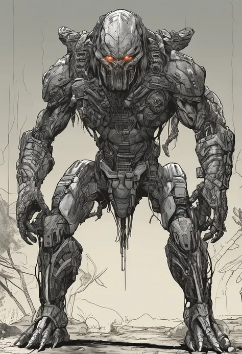 Crie uma imagem realista do Predador, The iconic alien hunter from the film franchise "Predador". The Predator is an intimidating and formidable creature, com aproximadamente 2,5 metros de altura. Their skin is a greyish-green hue and features scaly, rough...