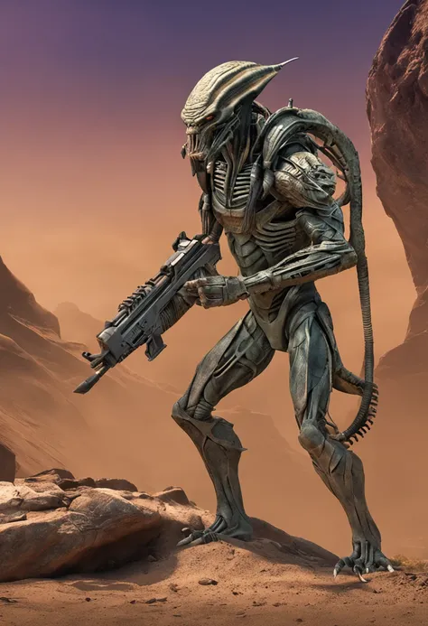 Crie uma imagem realista do Predador, The iconic alien hunter from the film franchise "Predador". The Predator is an intimidating and formidable creature, com aproximadamente 2,5 metros de altura. Their skin is a greyish-green hue and features scaly, rough...