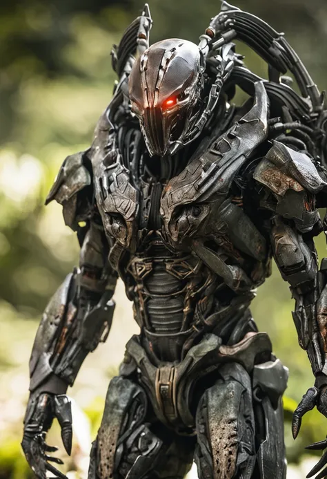 Crie uma imagem realista do Predador, The iconic alien hunter from the film franchise "Predador". The Predator is an intimidating and formidable creature, com aproximadamente 2,5 metros de altura. Their skin is a greyish-green hue and features scaly, rough...