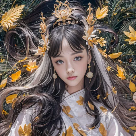 32K（tmasterpiece，k hd，hyper HD，32K）Long flowing black hair，ponds，zydink， a color，  Xuzhou people （Silly girl）， （Silk scarf）， Combat posture， looking at the ground， long whitr hair， Floating hair， Carp pattern headdress， Chinese long-sleeved clothing， （Abst...