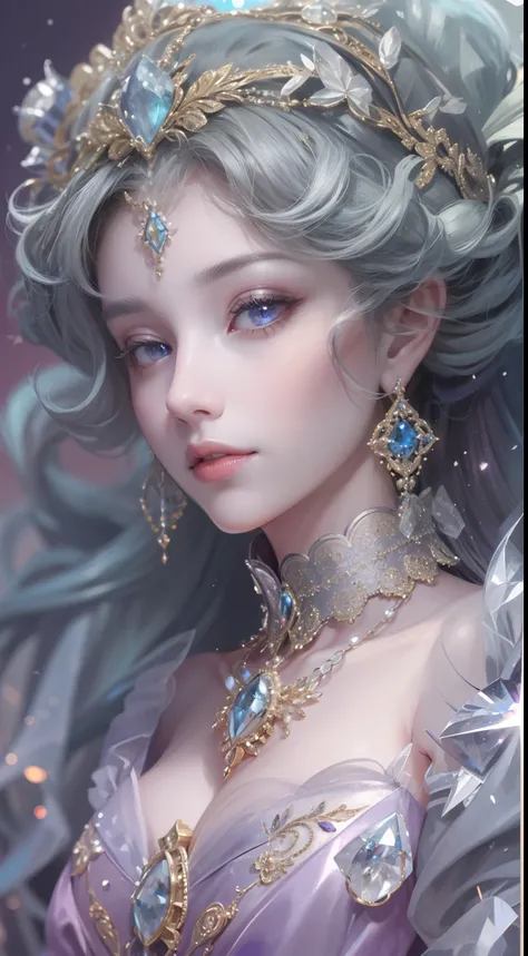 tmasterpiece，Highest high resolution，Dynamic bust of beautiful aristocratic maiden，Hair is elegantly coiled，Purple clear eyes，The hair is covered with beautiful and delicate floral craftsmanship, Crystal jewelry filigree，Ultra-detailed details，upscaled。