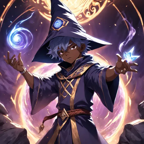 ((grand wizard and a master of magic)), ((mage robes and hat)), ((mature male)), ((early 20s)), toned, ((wizard male)), 1boy, Masterpiece, absurdres, fine detail, HDR, solo, upper body, charming expression, ((dark skin)), magic runes surrounding him, magic...