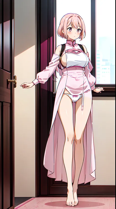 (((A girl with pink hair wears a long white dress)))，(((standing on your feet)))，(((legs are open)))(((huge tit)))，((( in class room)))，(((Take off your underwear)))，(((Shyness blush)))