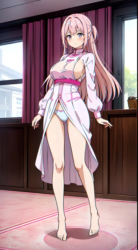 (((A girl with pink hair wears a long white dress)))，(((standing on your feet)))，(((legs are open)))(((huge tit)))，((( in class room)))，(((Take off your underwear)))，(((Shyness blush)))