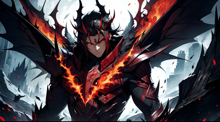 Garous full-body scene with a handsome male face, red eyes, alduin, sharp fiery red eyes, darksiders art style, armor reflecting demon-inspired black flames, with fiery red eyes, crazy guts, black ancalagon.