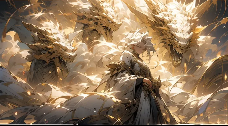 A woman in a white dress holds the style image of a dragon,white dragon，Myths and legends，White clouds float in the sky，White cloud background，8k anime wallpapers, beautiful fantasy anime, anime art wallpaper 8 k, 8K comic wallpaper, Anime art wallpaper ,8...