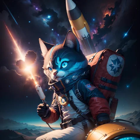 Create an image that captures Cosmic Charlie, the adventurous mascot of MoonShot Madness Coin, soaring through the cosmic expanse in a sleek rocket ship. As he navigates through a star-studded galaxy, his eyes light up with excitement, and a trail of stard...