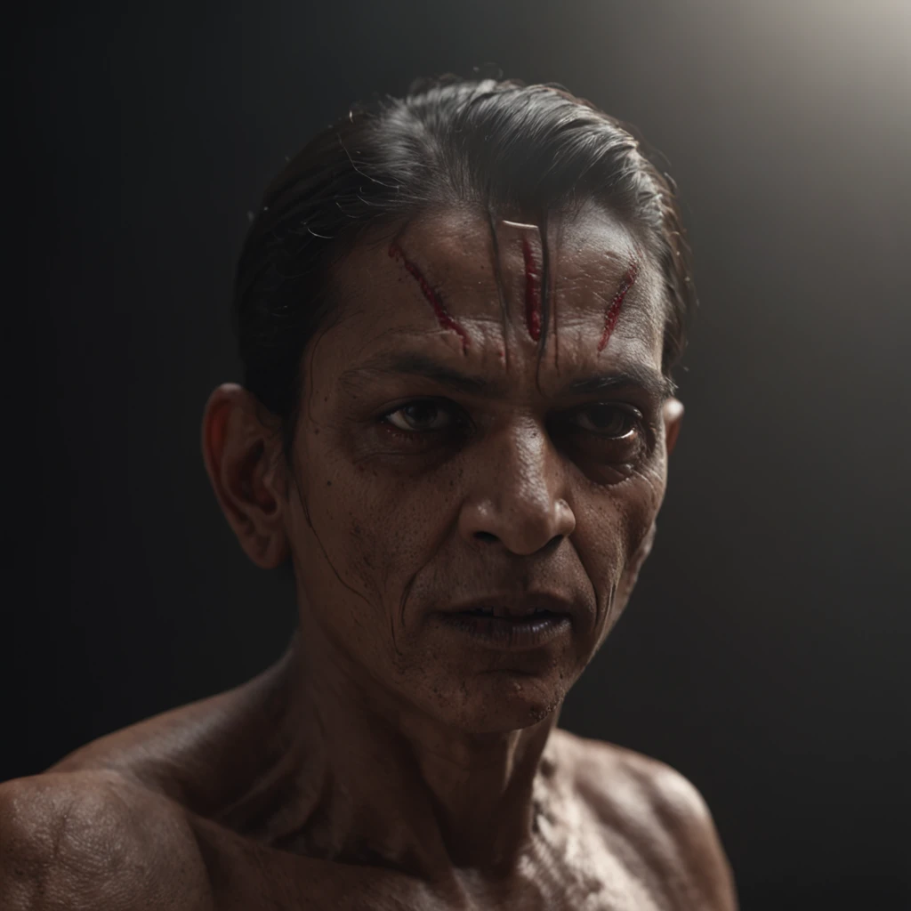 (ohwx) a young indian  demon in a dark room with a creepy look on his face, close up, front view, close up, horror movie style, photography, natural light, photorealism, cinematic rendering, ray tracing, the highest quality, the highest detail, Cinematic, ...