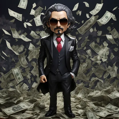 Alafed image of a man in a suit and tie standing in front of a pile of money, Snoop Doggs anime Nendoroid, vinyl action figure, Karl Marxs anime Nendoroid, dressed in expensive clothes, vinyl toy figurine, high-detail iconic characters, wealthy, q posket, ...