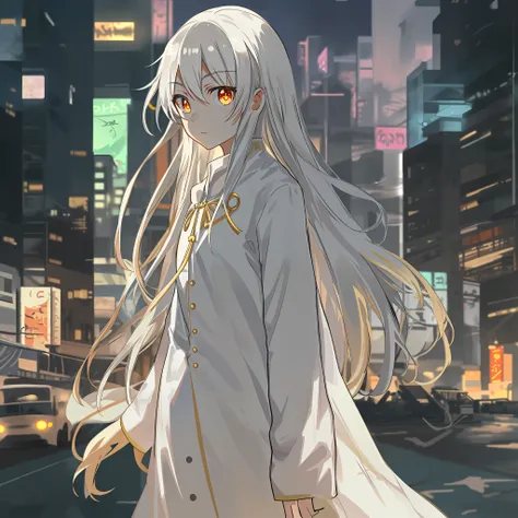 A loli，One meter five，Golden pupils，long  white hair，Wear a white dress，Barefoot，The face floats forward in the air，face expressionless，adolable，Thin，Behind it are high-rise buildings with neon lights at night，style of anime