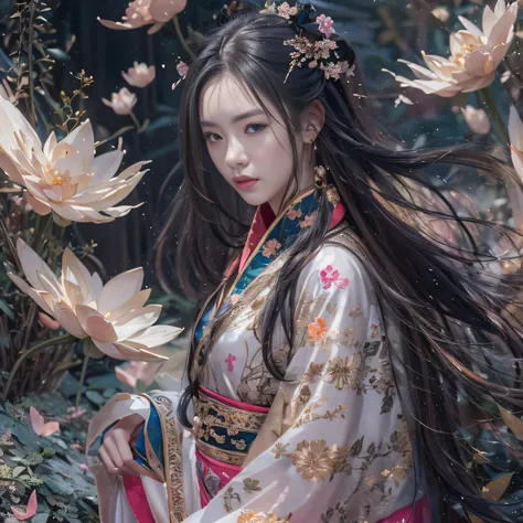 32K（tmasterpiece，k hd，hyper HD，32K）Long flowing black hair，ponds，zydink， a color，  Xuzhou people （Silly girl）， （Silk scarf）， Combat posture， looking at the ground， long whitr hair， Floating hair， Carp pattern headdress， Chinese long-sleeved clothing， （Abst...