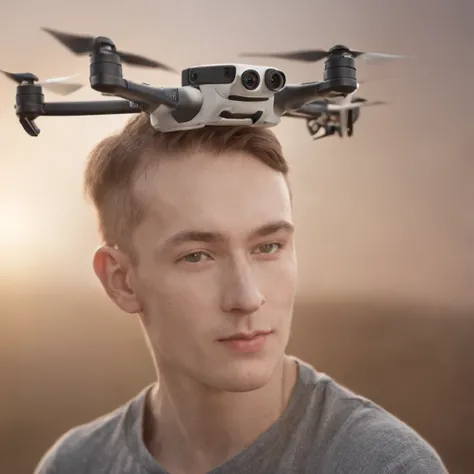 (Professional 3D rendering:1.3) de (Realistic:1.3) foto de arte mais bonita do mundo，((Young man with big ear with a drone in hand))