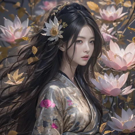 32K（tmasterpiece，k hd，hyper HD，32K）Long flowing black hair，ponds，zydink， a color，  Xuzhou people （Silly girl）， （Silk scarf）， Combat posture， looking at the ground， long whitr hair， Floating hair， Carp pattern headdress， Chinese long-sleeved clothing， （abst...