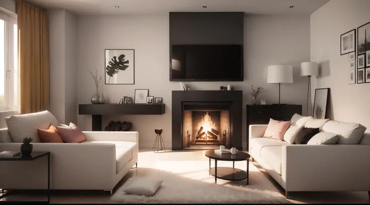 a modern room with a fireplace on with furnitures around on a light palete of colors