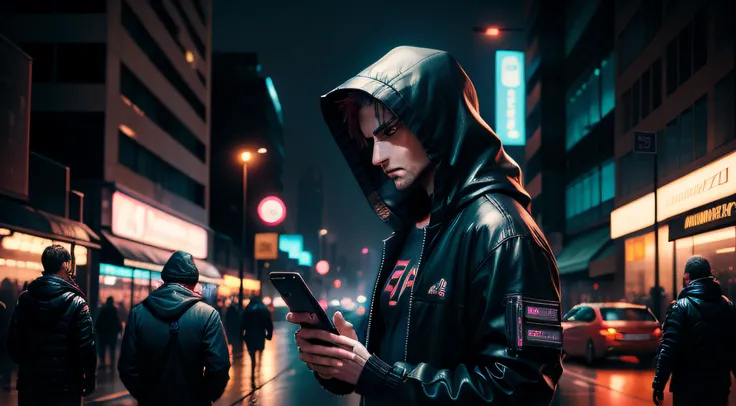 hacker, 1man, cell phone in hand, cidade, cyberpunk, capuz, caminhando, dark, high detail, 4k, London night , people on streets