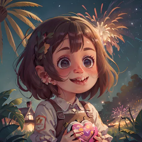 The girl smiled，More heart, Behind is the starry sky of the Milky Way，Beautiful fireworks in the background.