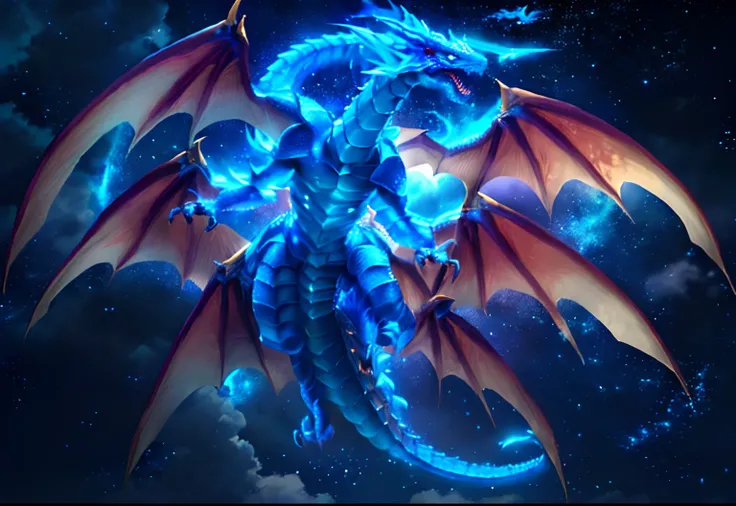 There is a dragon that is flying in the sky, Dragones ultraterrestres, blue eyes white dragon, colossal dragon as background, Crystal Dragon, Godrays desde la derecha, Giant dragon flying in the sky, Colossal dragon in the background, legendary dragon, gui...