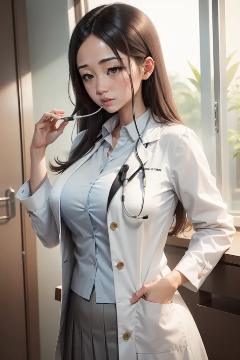 One female doctor, long hair, white collared shirt, female doctor white coat, upper body, white pleated skirt, stethoscope, beautiful breasts. Japanese female doctor examining indoors