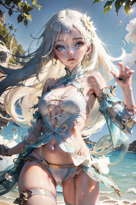 White-haired long-haired royal sister swimsuit，Detailed rendering，extreme picture quality，The light and shadow details are perfectly expressed，Natural light effects，dynamic angle，Brilliant summer sun。