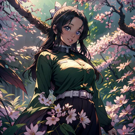 Beautiful dark skin girl standing under a cherry blossom tree holding a nature katana, long black hair elegantly curled, beautiful handcraft gold flower pins in hair, bright smile, plump big lips, big glowing green eyes, wearing demon slayer uniform, loose...