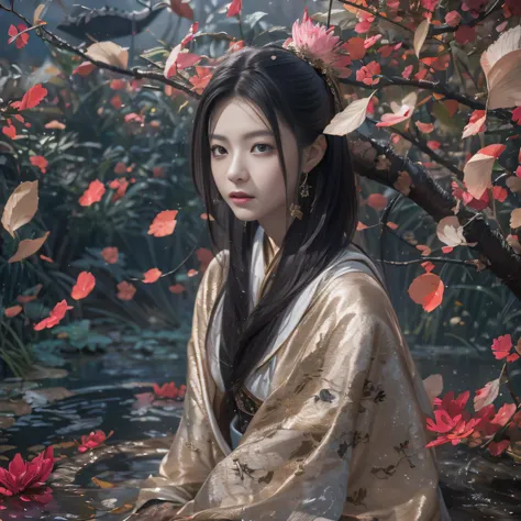 32K（tmasterpiece，k hd，hyper HD，32K）Long flowing black hair，ponds，zydink， a color，  Xuzhou people （Silly girl）， （Silk scarf）， Combat posture， looking at the ground， long whitr hair， Floating hair， Carp pattern headdress， Chinese long-sleeved clothing， （abst...