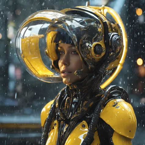 (professional 3d render:1.3) af (Realistic:1.3) most beautiful artwork photo in the world, woman wearing an ornate curved mask and yellow and black patterned and contoured organic costume with glass dome visor in the pouring rain, wet surface textures with...