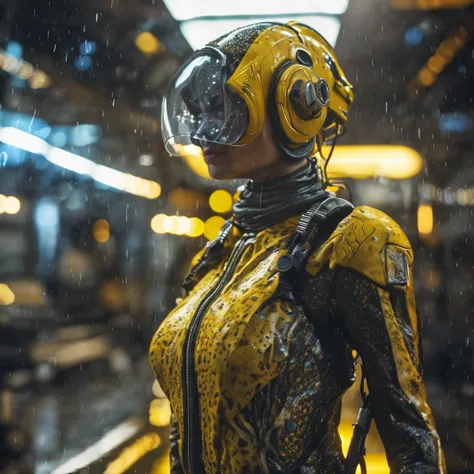 (professional 3d render:1.3) af (Realistic:1.3) most beautiful artwork photo in the world, woman wearing an ornate curved mask and yellow and black patterned and contoured organic costume with glass dome visor in the pouring rain, wet surface textures with...