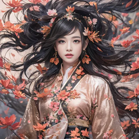 32K（tmasterpiece，k hd，hyper HD，32K）Long flowing black hair，ponds，zydink， a color，  Xuzhou people （Silly girl）， （Silk scarf）， Combat posture， looking at the ground， long whitr hair， Floating hair， Carp pattern headdress， Chinese long-sleeved clothing， （abst...