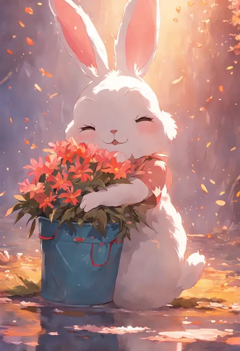 "Rabbit" you happy goddess soft cute rabbit hugging bucket flowers