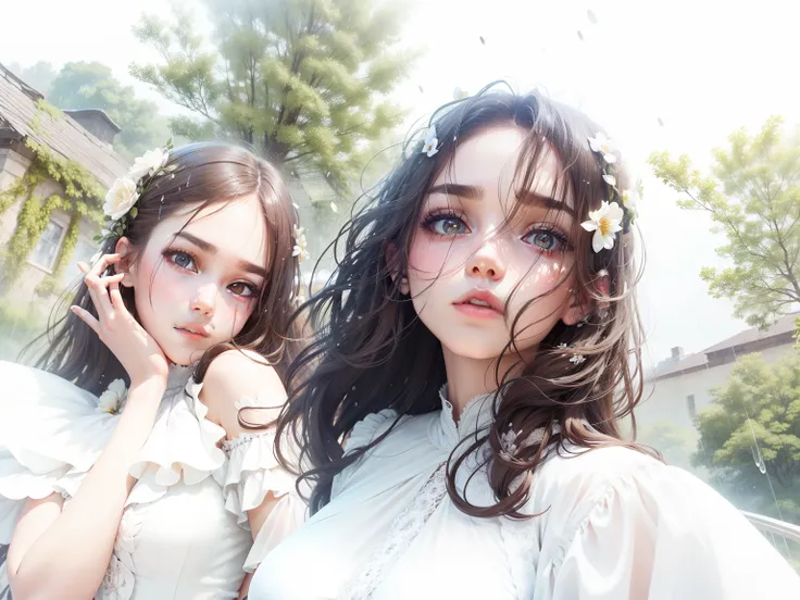 2 girls, white dresses, with long coiled hair， Brown hair, Beautiful face, rain, Masterpiece, intricately details, Perfect anatomy, Facial and body details.surrounded by flower