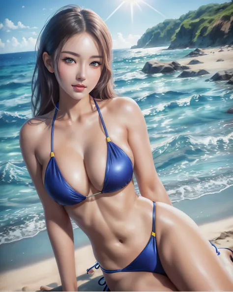 a close up of a woman in a bikini sitting on a beach, trending on cgstation, ig model | artgerm, realistic bikini, karol bak uhd, artwork in the style of guweiz, japanese goddess, beautiful alluring anime woman, beautiful digital artwork, trending at cgsta...