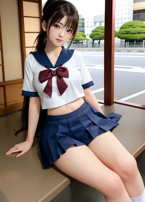 rialistic photo、Top image quality、Beautiful pictures、Schoolgirl in sailor suit、a miniskirt、Two women sitting on a shelf, two japanese schoolgirls posing, knees up、girls resting, Stand your feet、White shorts、beautiful flaxen ponytail、Beautiful facial featur...