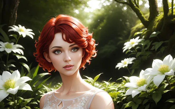 cute woman, (elegant, beautiful face), transparent white dress, forest moss, flowers feld, curly red hair, magical atmosphere, (short hair), ((detailed skin, skin texture)), ultradetailed (intricately detailed, fine details, hyperdetailed), raytracing, sub...