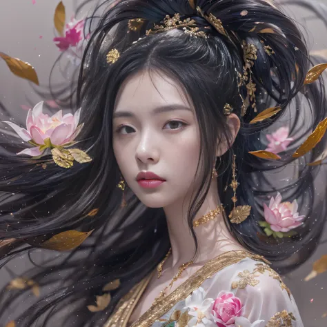 32K（tmasterpiece，k hd，hyper HD，32K）Long flowing black hair，ponds，zydink， a color，  Xuzhou people （Silly girl）， （Silk scarf）， Combat posture， looking at the ground， long whitr hair， Floating hair， Carp pattern headdress， Chinese long sleeve silk garment， （a...