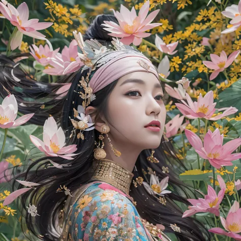 32K（tmasterpiece，k hd，hyper HD，32K）Long flowing black hair，ponds，zydink， a color，  Xuzhou people （Silly girl）， （Silk scarf）， Combat posture， looking at the ground， long whitr hair， Floating hair， Carp pattern headdress， Chinese long-sleeved clothing， （Abst...