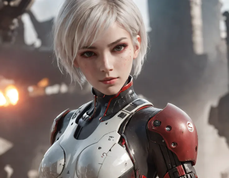 This is a CG Unity 8k wallpaper with ultra-detailed, high-resolution and top quality in cyberpunk style, dominated by black and red. In the picture, a beautiful girl with white messy short hair, a delicate face, wearing a steam mecha mask, standing on the ...