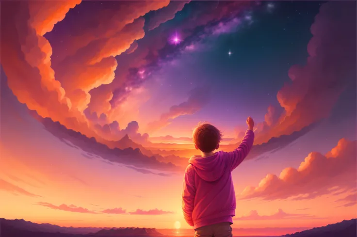 The sky above is a masterpiece of warm oranges, pinks, and purples, with the first stars beginning to twinkle as night approaches. The boys outstretched arms convey a sense of openness and connection to the natural world around him. Its a moment frozen in ...