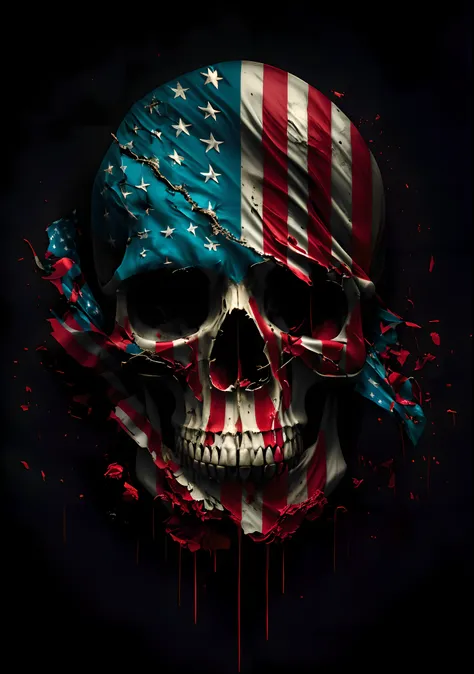 The skull has an American flag on it, full color american nightmare, Raise a bloody American flag, Patriotic!, personal profile picture, Death and corruption, portrait shooting, Tinta de caveira, Bleeding discoloration!, Scary color art in 4 K, Amazing, To...