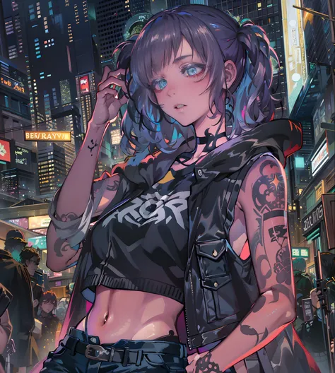 noite, fundo colorido da cidade cyberpunk, chuva, rua, maid girl, nanakusa nazuna, 1menina, franja, fundo preto, jaqueta preta, ...