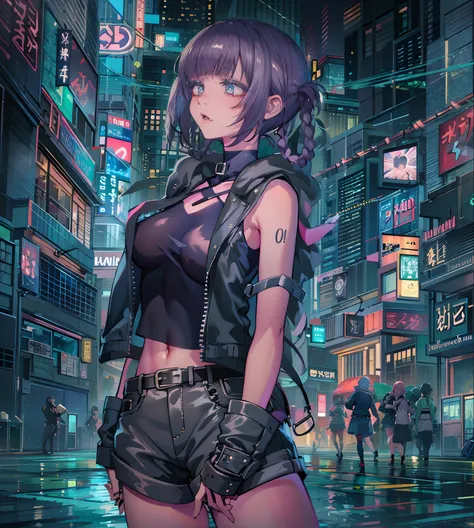 noite, fundo colorido da cidade cyberpunk, chuva, rua, maid girl, nanakusa nazuna, 1menina, franja, fundo preto, jaqueta preta, ...