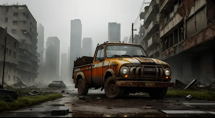 An old modified rusty truck stopped in front of a building with barbed wire, Post apocalyptic scenario, Apocalyptic atmosphere, The end of the world, Rusty, Doomsday landscape, post apocalyptic background, Abandoned vehicles, Post-apocalyptic street, 3D re...