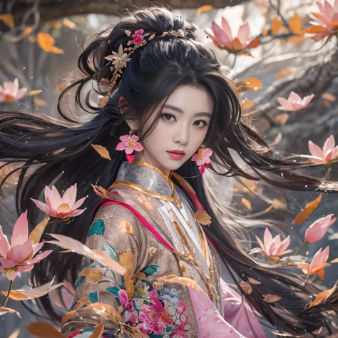 32K（tmasterpiece，k hd，hyper HD，32K）Long flowing black hair，ponds，zydink， a color，  Xuzhou people （Silly girl）， （Silk scarf）， Combat posture， looking at the ground， long whitr hair， Floating hair， Carp pattern headdress， Chinese long-sleeved clothing， （abst...