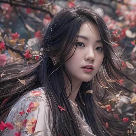 32K（tmasterpiece，k hd，hyper HD，32K）Long flowing black hair，ponds，zydink， a color，  Xuzhou people （Silly girl）， （Silk scarf）， Combat posture， looking at the ground， long whitr hair， Floating hair， Carp pattern headdress， Chinese long-sleeved clothing， （abst...